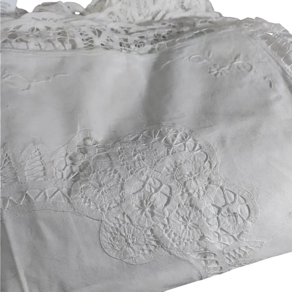 EXQUISITE CROCHET LACE & CUTWORK WHITE COTTON SQUARE EURO PILLOW SHAMS, PAIR-2!